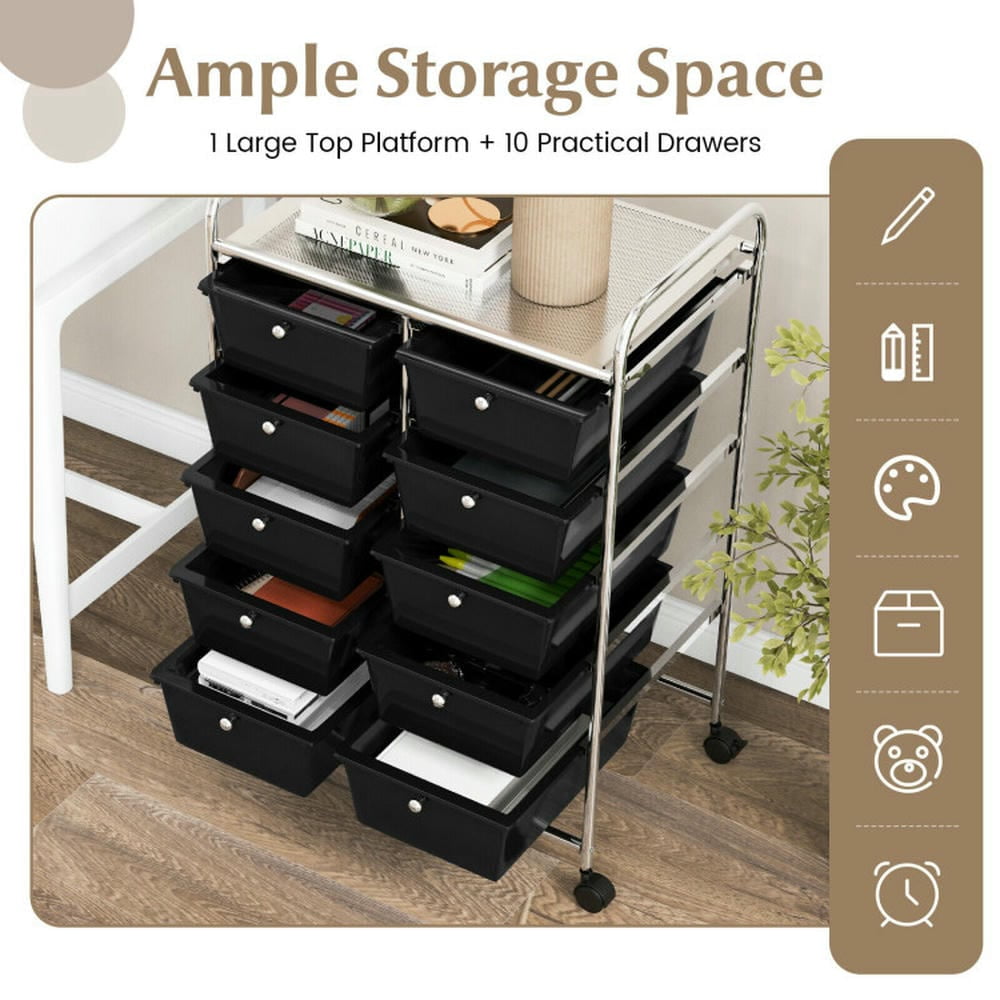 Spaco 10-Drawer Rolling Storage Cart-Black, Craft Organizers and Storage, Multipurpose Organizer Cart for Home, Office, School