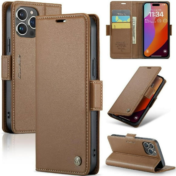 Funda tipo cartera iPhone 15 Pro Max con cierre magnético, RFID, tarjetero, soporte, carga inalámbrica