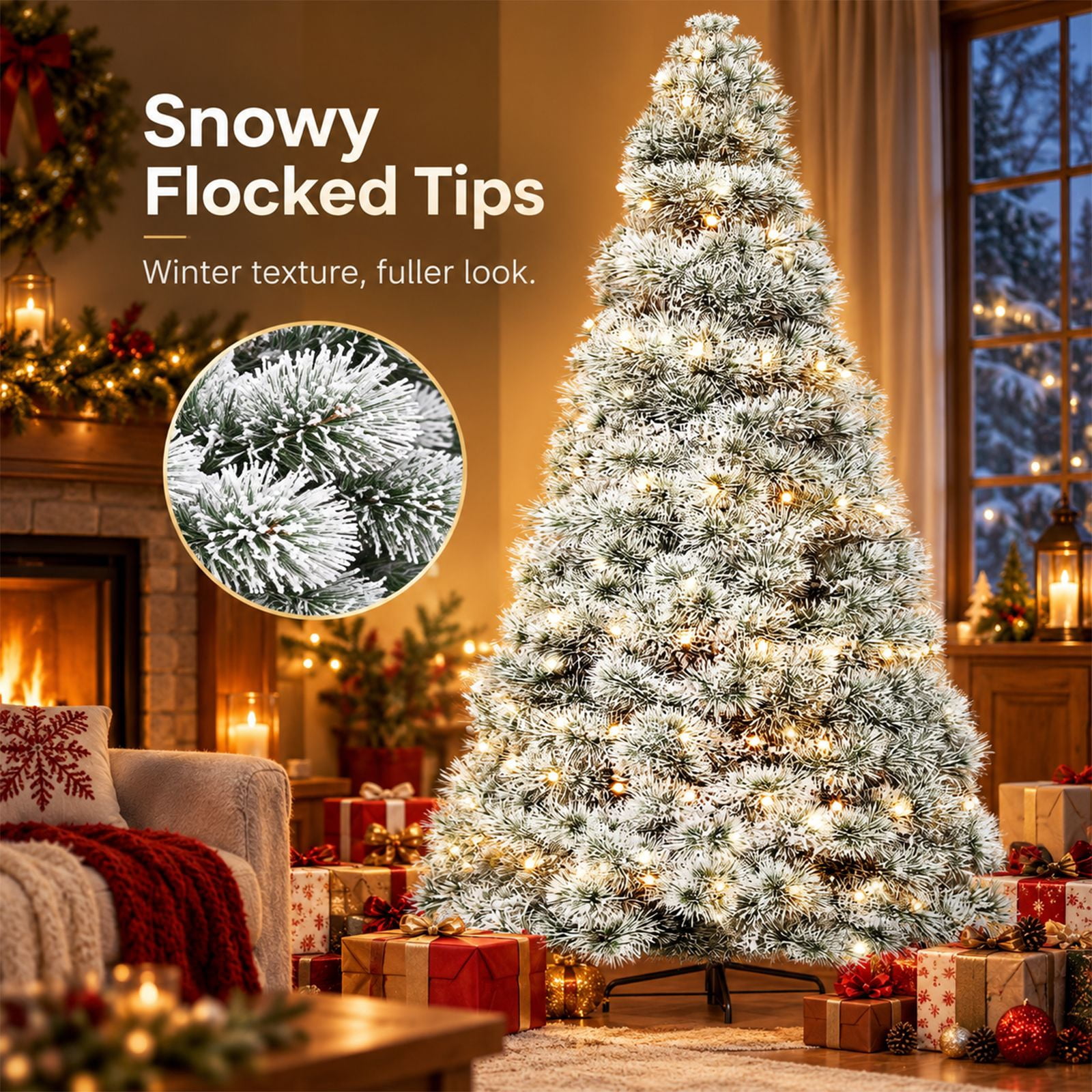 Alvantor Pre-Lit Christmas Tree, Flocking 4.5 FT Hinged Spruce, 120 LED Lights, 347 Tips