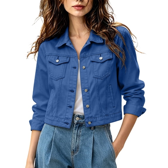 Women's Denim Jackets Solid Color Long Sleeve Lapel Collar Button Cropped Denim Jacket Trendy Classic Vintage Wash Denim Top Casual Jean Blouson Coat