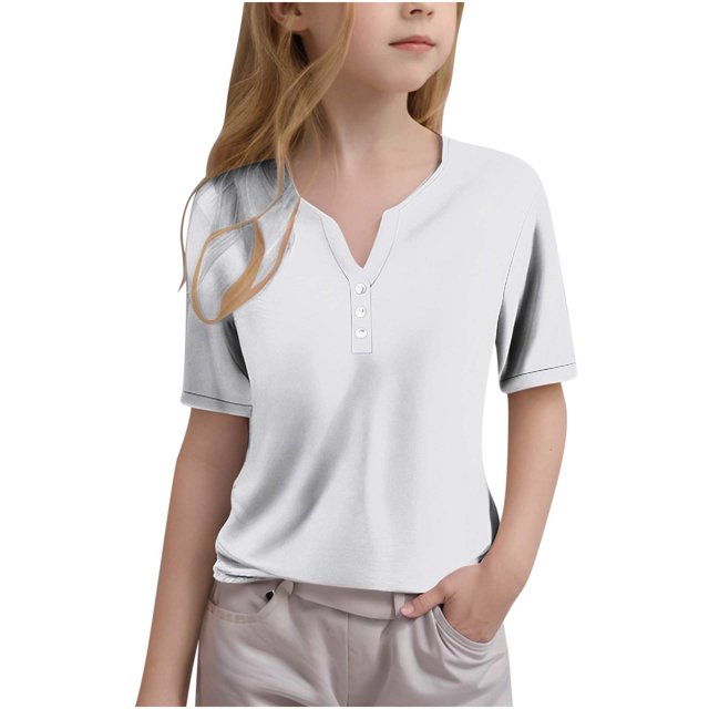 Plebaso Summer Tops for Girls Button V Neck Shorts Sleeve Shirts Solid Color Kids Casual Tunic Blouses