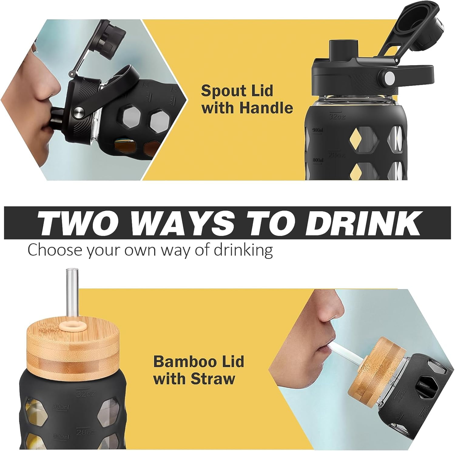MUKOKO 32oz Glass Water Bottle, Glass Reusable Bottle with Silicone Sleeve and Straw, 1 Cup 2 Lids, Black