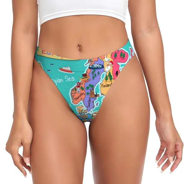 Fotbe Cartoon Map Of Europe Tanga Sin Costuras para Mujer con Estampado – Panties Invisibles, Transpirables y Cómodos para Uso Diario-Small