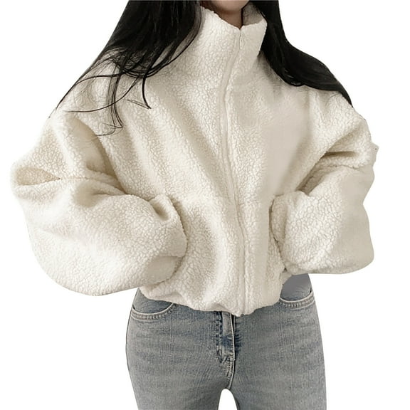 DuoJiaJ Women's Stand Collar Short Fleece Hoodie Thickened Warm Loose Plush Zipper Jacket For Autumn And Winter Womens Fleece Jacket Beige L