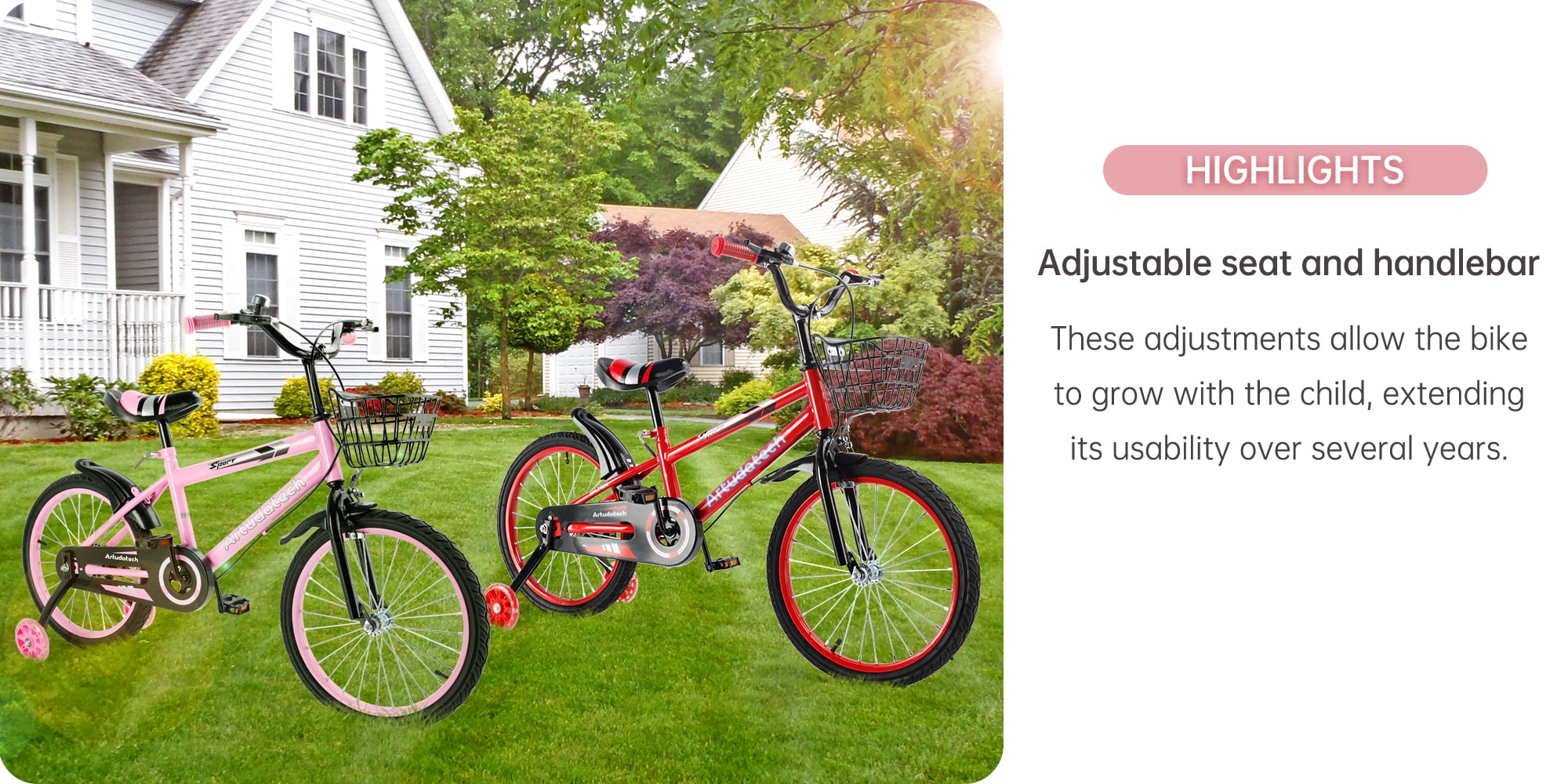 ARTUDATECH 14/16/18 Inch Kids Bike for Ages 3-10 Years Old Boys Girls, Kid's Bikes with Training Wheels, Basket, Dual Brake, Children Bicycle for Kids and Toddler Beginners, Pink/Red