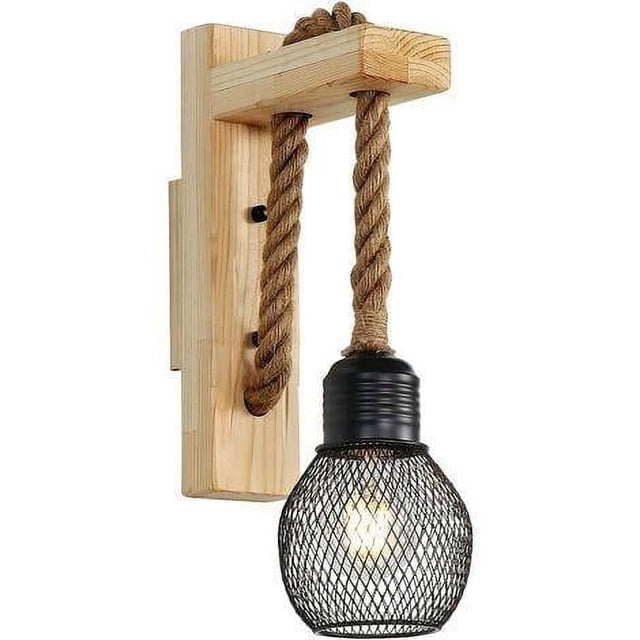 Aplique de pared de cuerda de cáñamo industrial retro de madera maciza, pantalla de metal rústico, casquillo E27, acabado marrón rojizo