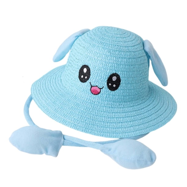 Sombrero de paja con orejas de conejo para niños, gorra de playa con dibujos animados, ligero y moderno Azul