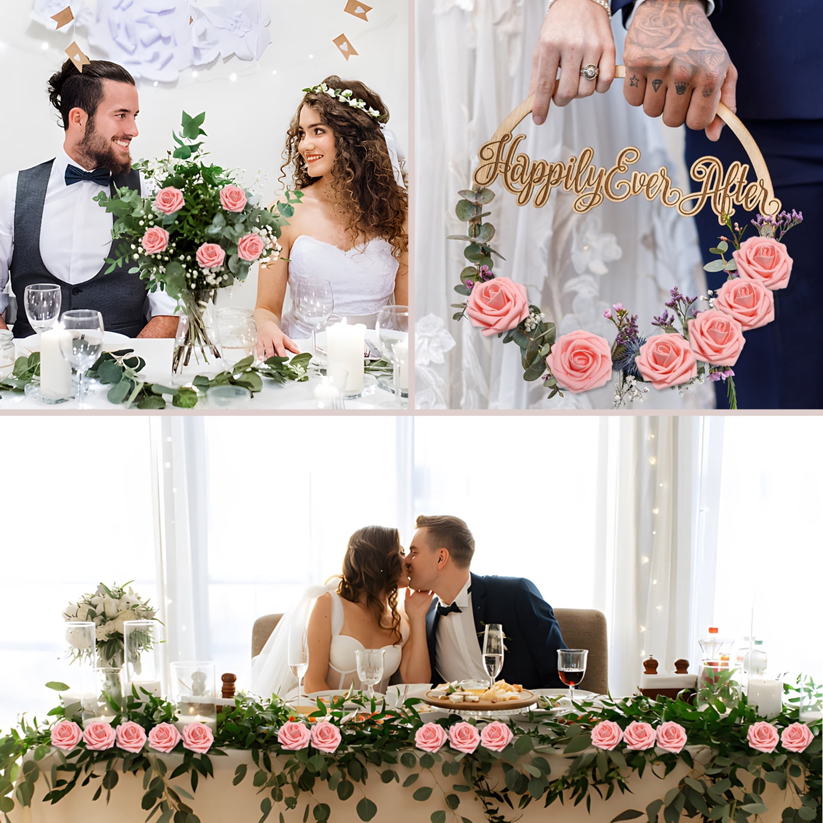 Artificial Flowers Pink Roses 200PCS Real Looking Foam Fake Roses with Leaves and for DIY Wedding Bouquets Bridal Shower Centerpieces Party Decorations