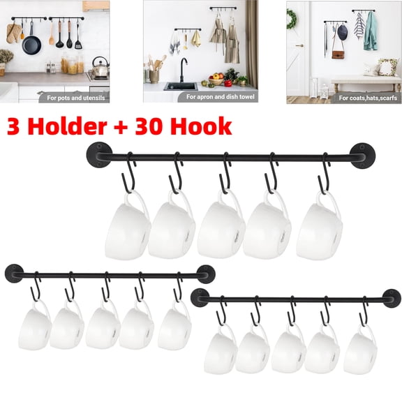 Set of 3 Modern Metal Mug Rack Wall Mounted with 30 Removable S Hooks - Coffee Cup Holder Organizer, Rustic Utensil Hanger for Hanging Mugs, Pots, Pans in Kitchen, Restaurant, Coffee Bar