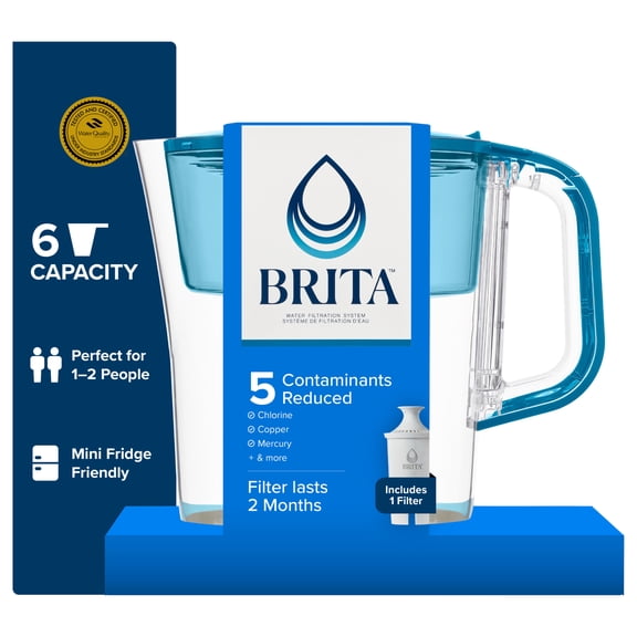 Brita 6 Cup Small Plastic Water Filter Pitcher, Teal, BPA Free with 1 Standard Brita Filter