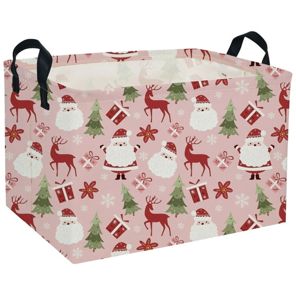Rectangular Kids Storage Bin Christmas Basket Cartoon Storage Basket with Handles for Organizing Home Kitchen Boys and Girls Toys Bins Shelf Baskets(Pink Christmas)