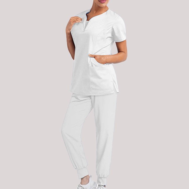 DPTALR Women Solid Color Loose Pants Multiple Pocket Caregiver Nursing Uniform Short Sleeve Zipper V-Neck Set