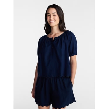 Time and Tru Women's Linen Blend Blouse with Scalloped Hem, Sizes XS-XXXL