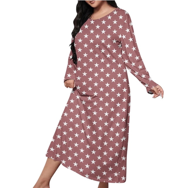 Mgmyaa Chemise de Nuit pour Femmes Manches Longues Col Rond Imprimé Chemise de Nuit Longue Vêtements de Détente Robe Maxi Décontractée Robes de Maison