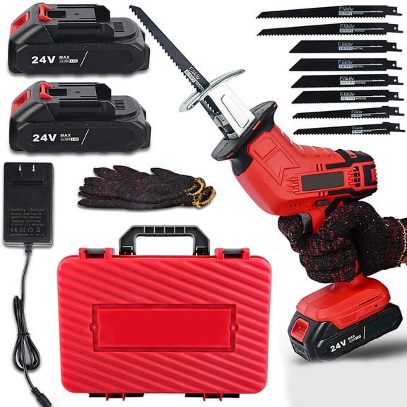 24V MAX Cordless Reciprocating Saw with 2 Batteries & Fast Charger, 8 Blades for Wood, Metal, PVC Cutting - Lightweight & Powerful Electric Hand Saw (Red)