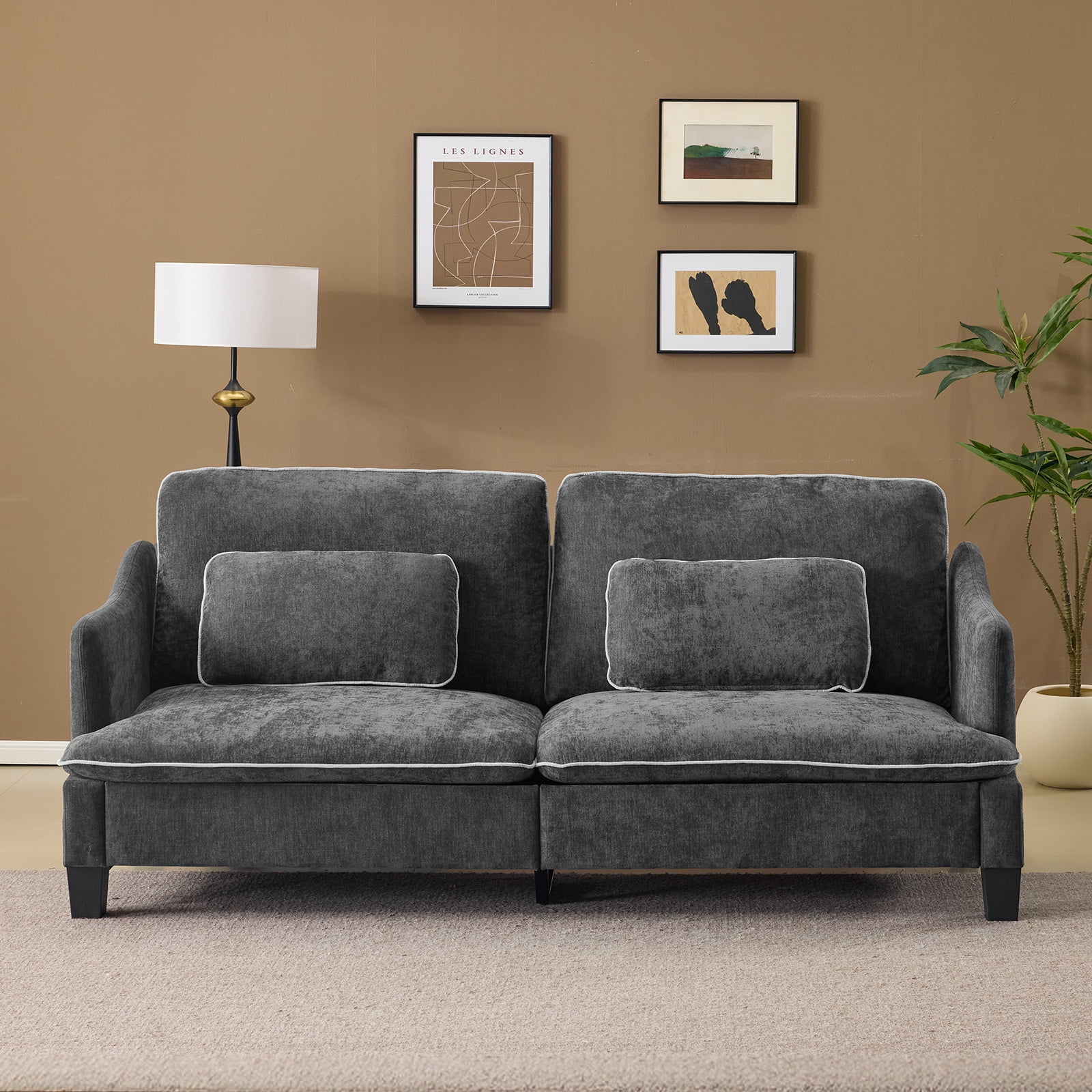 Ktaxon 84" Sofa, Linen Fabric Deep Seat Couch with Lumbar Pillows, Oversized Loveseat for Small Spaces, Living Room Black