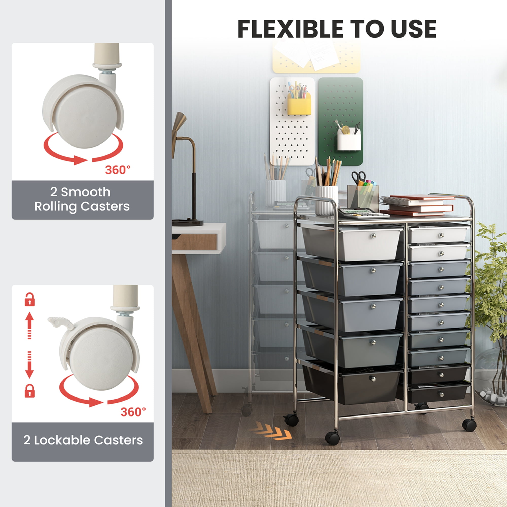 Costway 15 Drawer Rolling Storage Cart Tools Scrapbook Paper Office School Organizer Gray