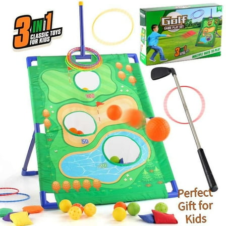 Kids Golf Yard Game,Golf Chipping Game, Cornhole Game, Ring Toss Game - 3 Set in 1 Game Kit with Chipping Mat and Stand for Adults Kids, Chip Sticky Practice Indoor Outdoor