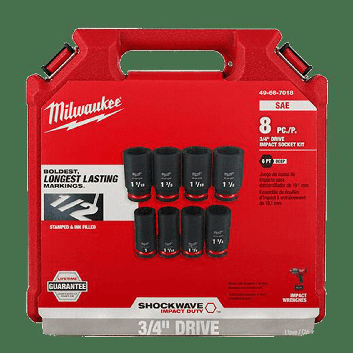 Milwaukee Tool 8PCSHOCKWAVE Impact Duty 3/4" Drive SAE Deep 6 Point Socket Set