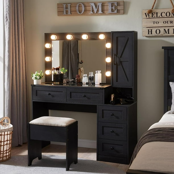 T4TREAM Farmhouse Vanity Table Set with 3 Color Lighted Mirror & Stool