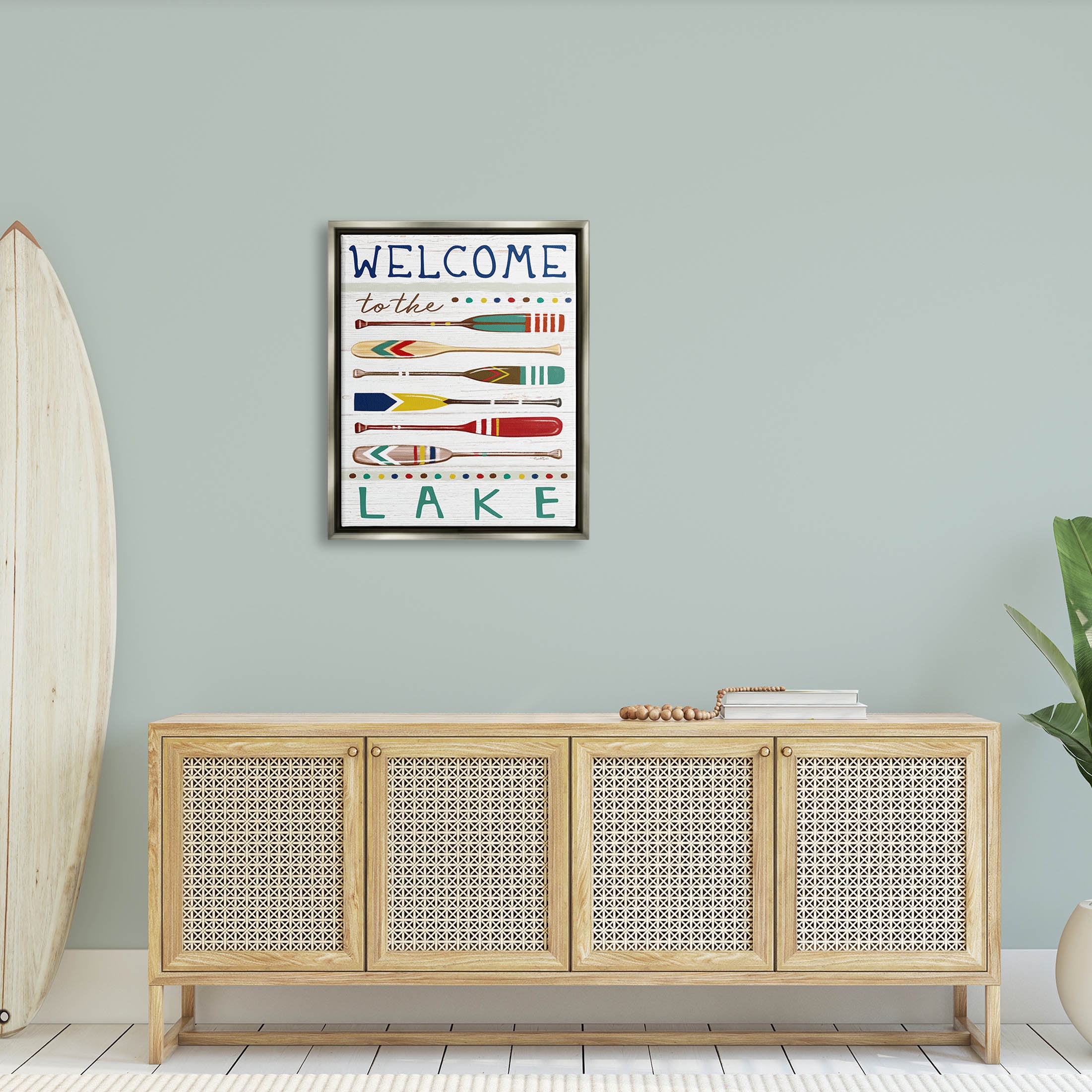 Stupell Industries Lake Welcome Sign Striped Oars Graphic Art Luster Gray Floating Framed Canvas Print Wall Art, Design by Elizabeth Tyndall