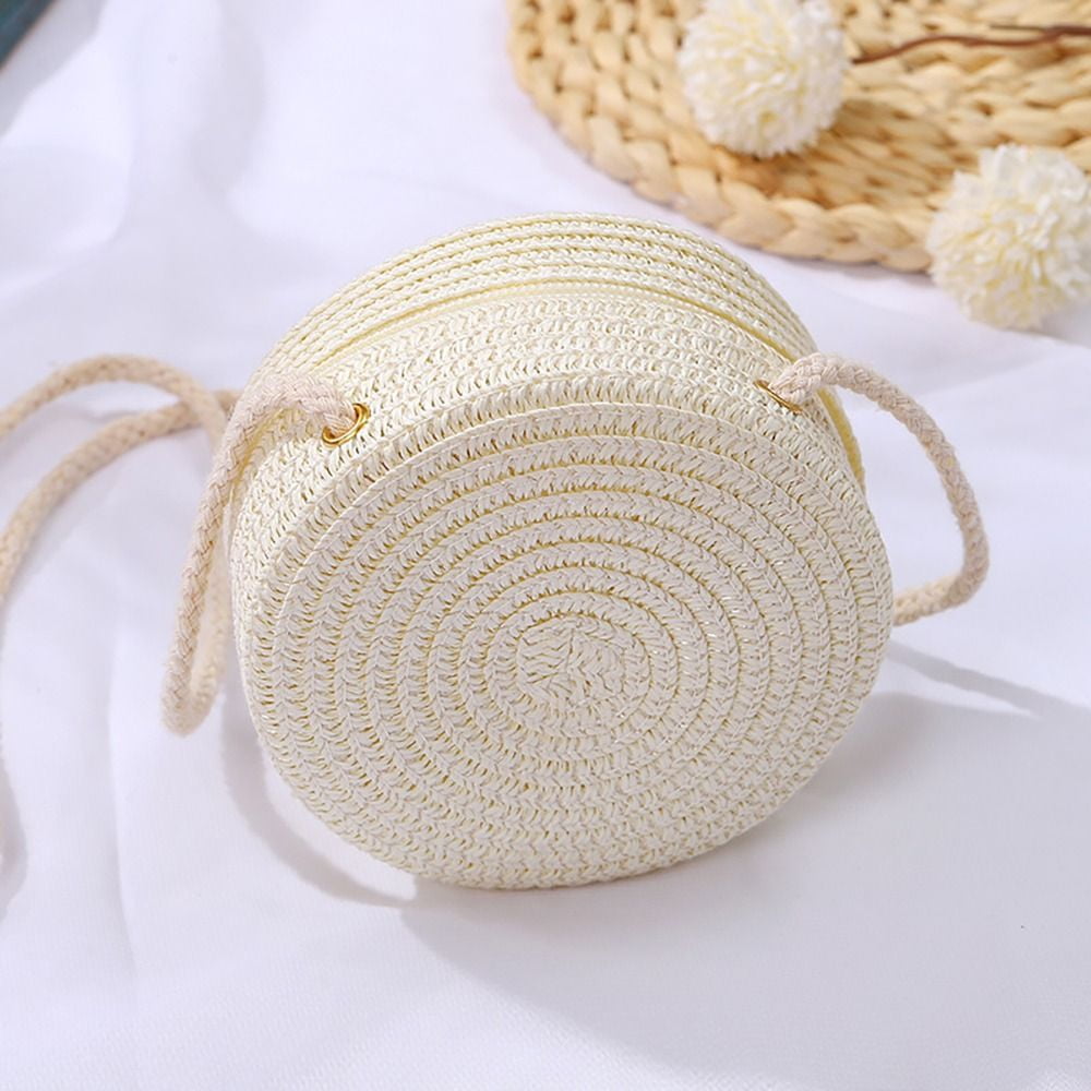 Circle White Wicker Handbag Coin Purse Women Girl Rattan Woven