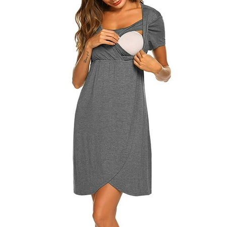 

QELUSQELUS Women Maternity Nursing Dress Short Sleeve Irregular Solid Sleepwear Pregnant Nightgown