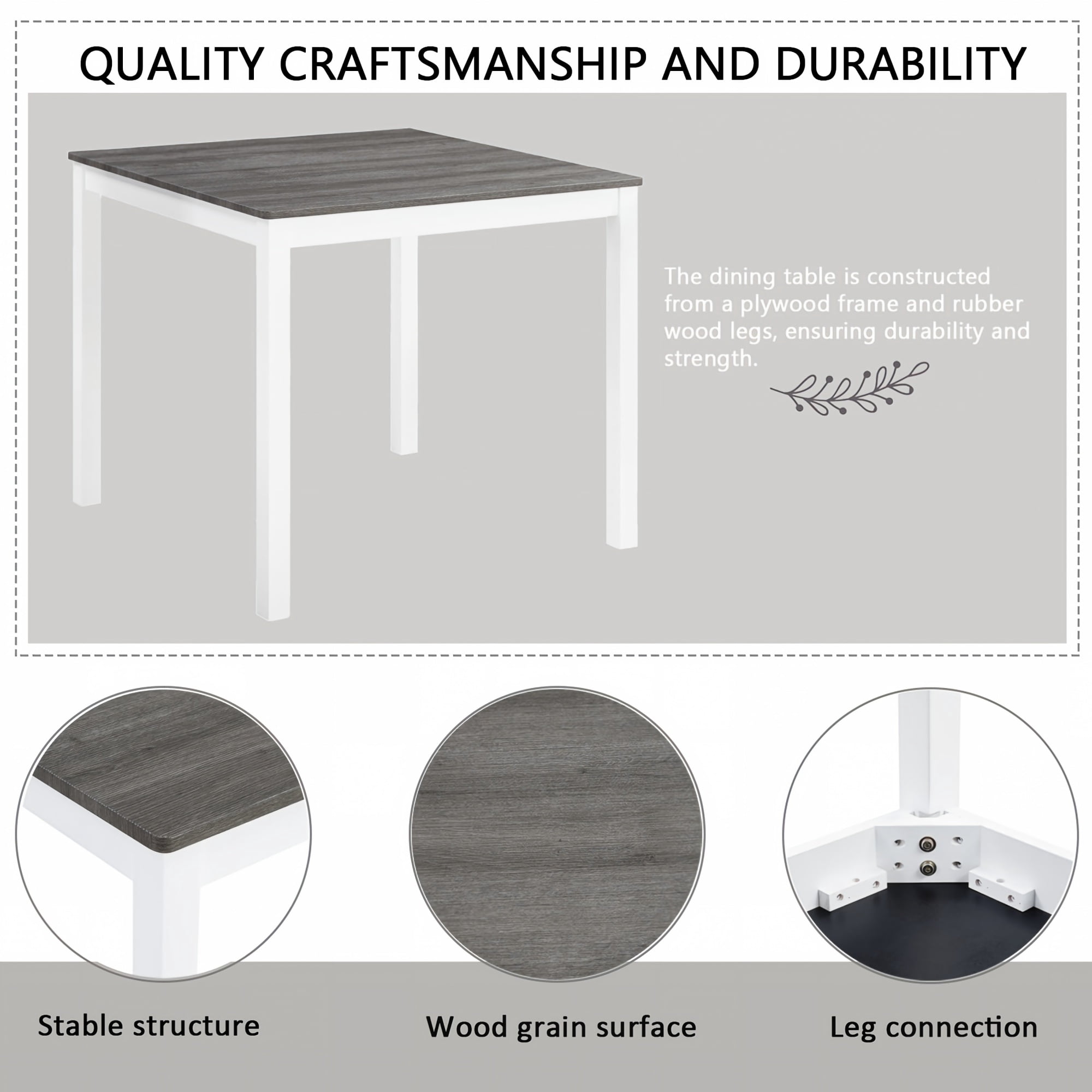 BSHTI 39" 5-Piece Rectangle Counter Height Table Set with Upholstered Chairs, Modern Space Saving Design for Dining Room（Grey & White）