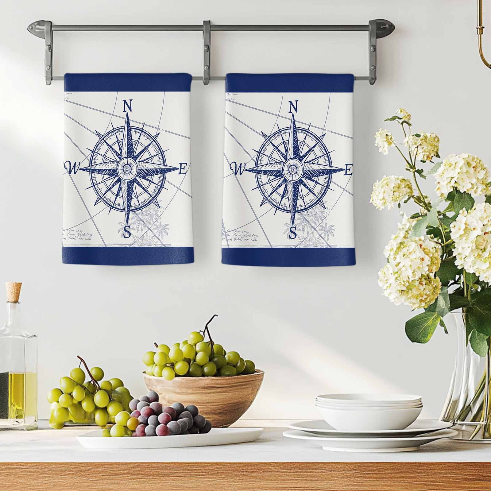Dish Towels, Compass Absorbent Kitchen Towels 2 PCS, Blue Ocean Navigation Map Microfiber Hand Towels Dish Cloths Tea Towels for Home&nbsp;Bathroom Cleaning Drying,18X28-Inch,