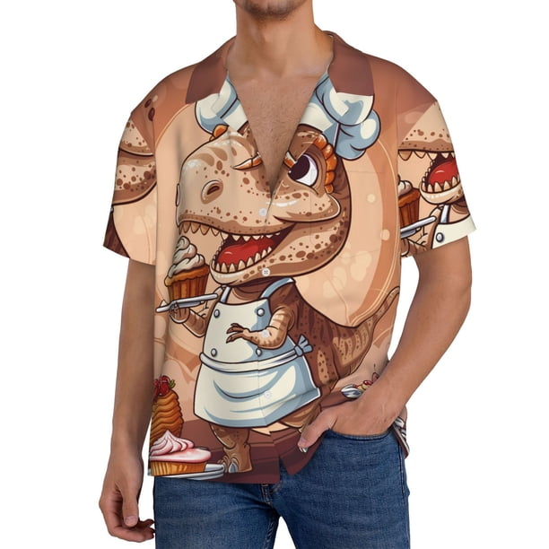 Fotbe Dinosaur Baking Delight Camisa Estampada de Manga Corta para Hombre, Casual de Verano, Estilo Playero, Sin Arrugas-3X-Large