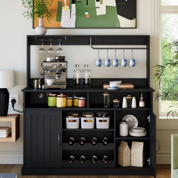 TROPOW 47" Farmhouse Coffee Bar Cabinet with Wine Rack, Buffet Cabinet with Power Outlet, Goblet Holder, Kitchen Hutch Storage Sideboard with Adjustable Shelves for Dining Room Kitchen