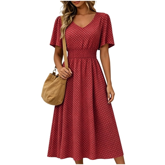Levmjia Flowy Midi Dresses for Women V Neck Short Sleeve Polka Dot Dress Summer Casual Fashion Loose Fit Swing Party Beach Vacation