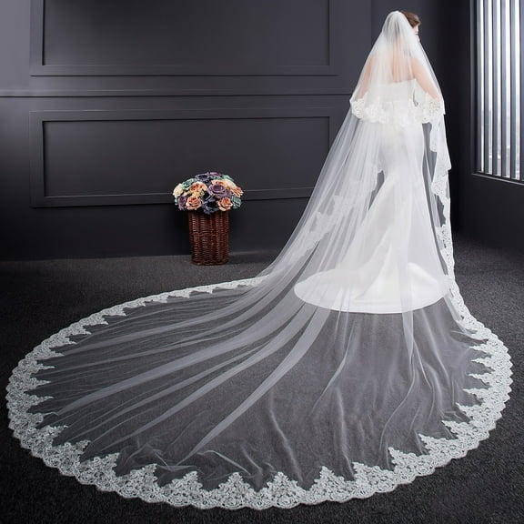 EllieWely 2 Tier Wedding Veil Cathedral Length 3.5 M(138 inch) Lace Bridal Veil With Metal Comb L01 White