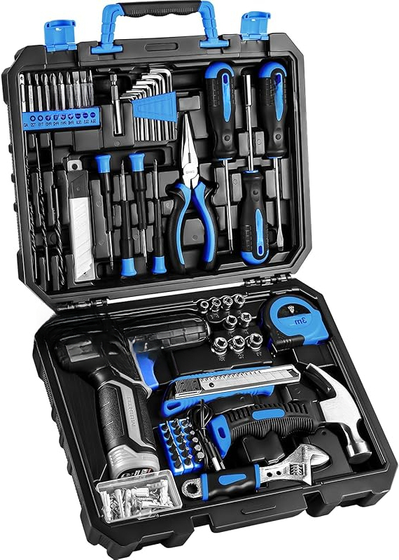 126 Piece Drill Sets, Tool Set with 8V Blue Cordless Drill, Home Tool Kit with Drill, Hand Tool Kits for Women