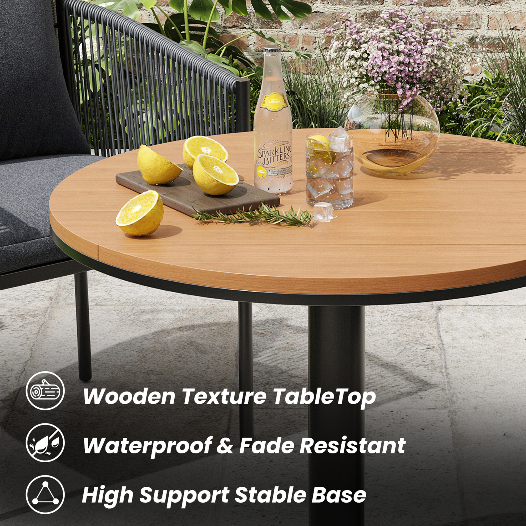 MAYEERTY Gray 5-Piece Outdoor Rattan Dining Set:4 Chairs with Cushions & Round Wood-Look Table, Weatherproof