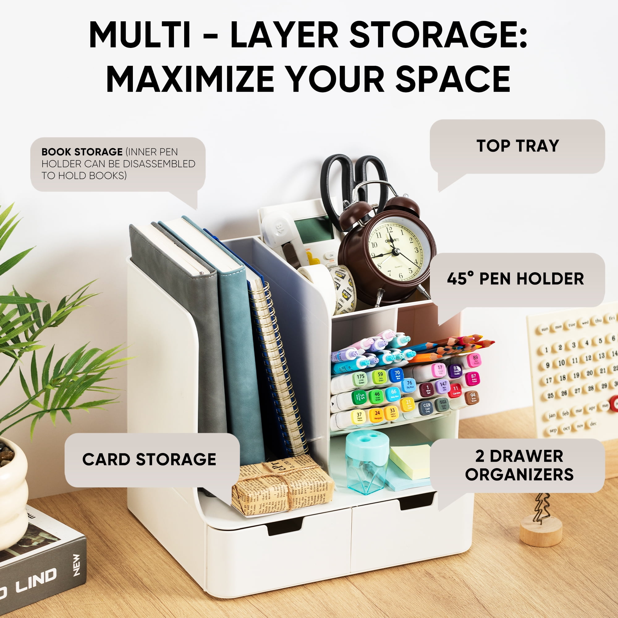 VUSIGN Tall Organizer Plastic Desk Organizer for Office,Pencil Holder Organizer for Home Desk Storage Organizer with Drawers