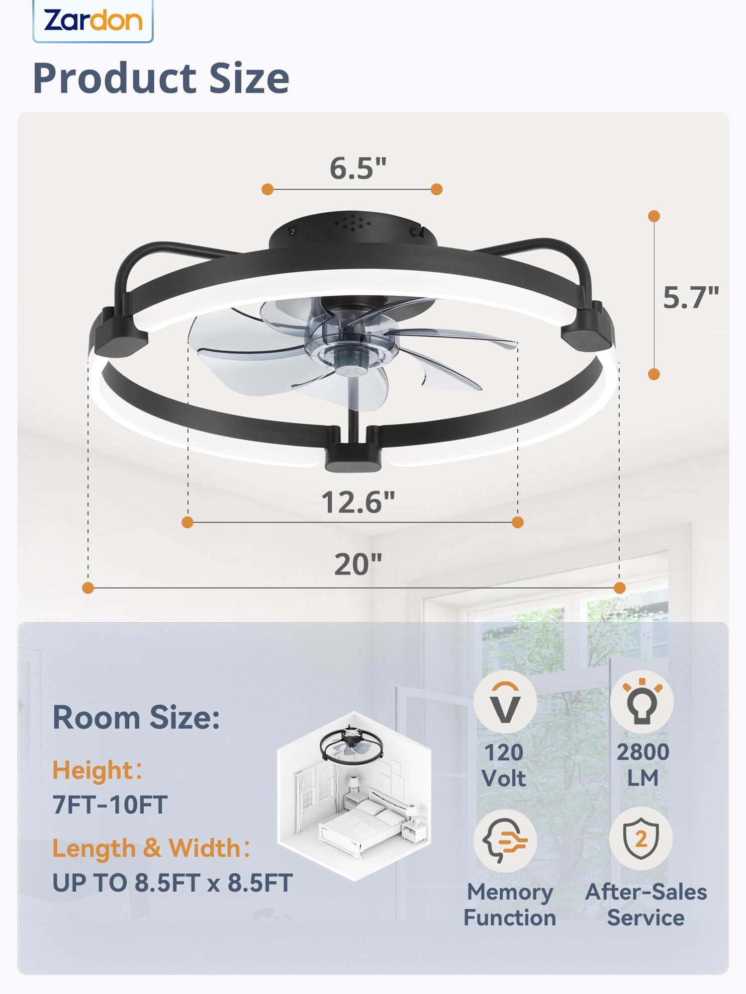 Zardon 20'' Ceiling Fans with Lights and Remote, Modern Flush Mount ,Dimmable LED Fan Light, for Bedroom, Black