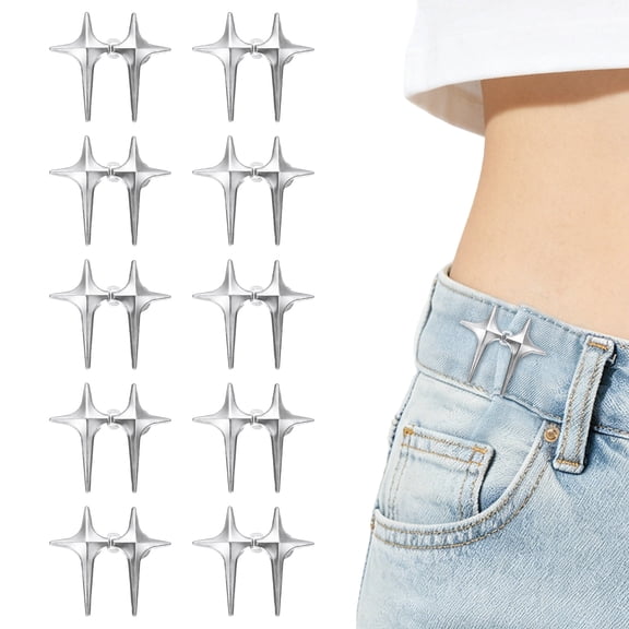 10 Sets Pant Waist Tightener, Adjustable Four-Pointed Star Waist Buckles Clips No Sewing Detachable Decorative Jean Button Pins for Loose Jeans Denim, Silver
