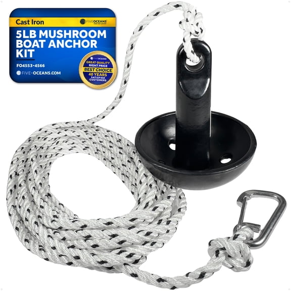 Five Oceans 5 Lb Mushroom Boat Anchor Kit, Black PVC Vinyl Coating, 3-Strand Rope 5/16"x30', Marine Snap Hook, for Paddle Board, Small Boat, Kayak, Jet Ski, Canoe Anchor - FO4553-4566