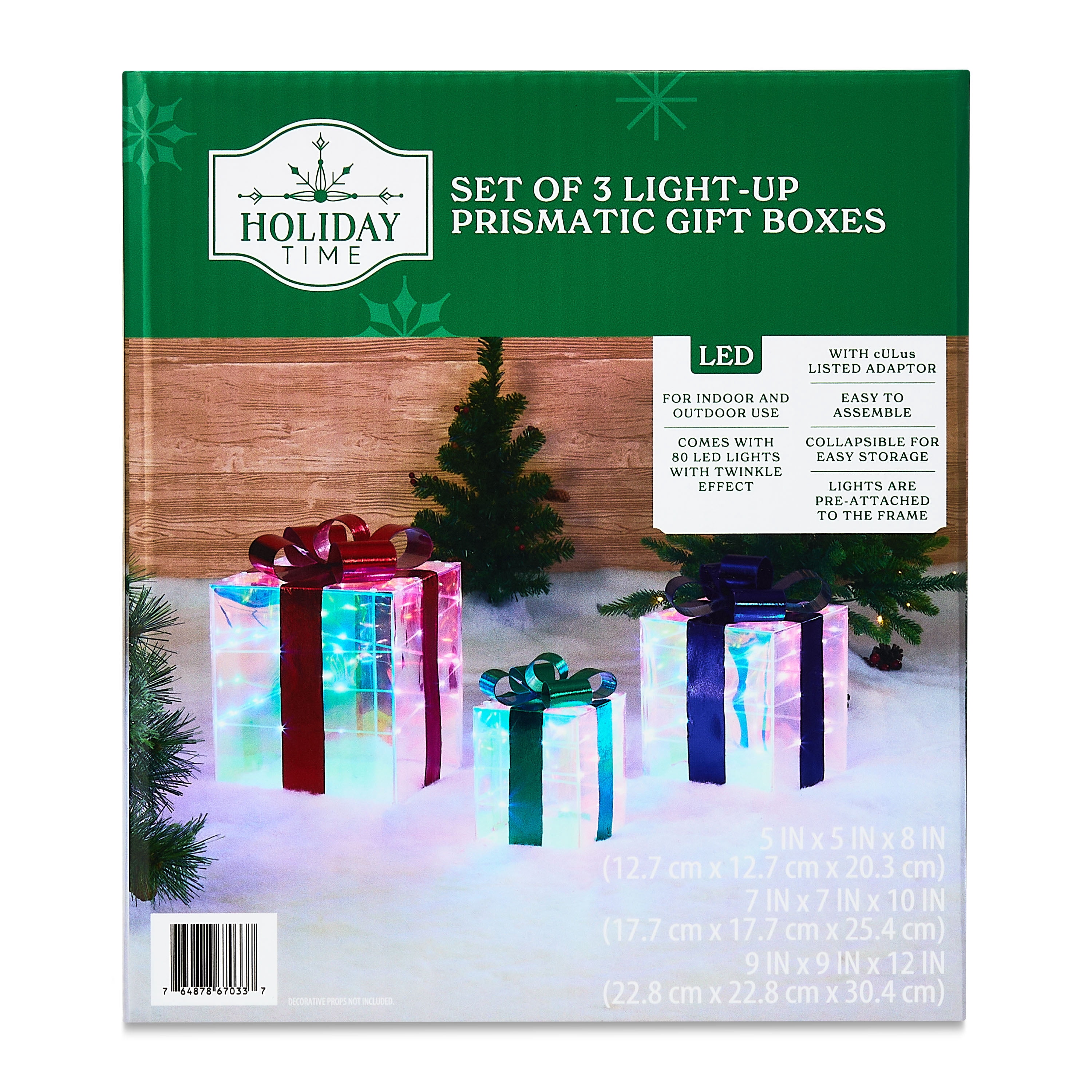 Indoor/Outdoor Light-Up Prismatic Gift Boxes Christmas Decoration with 80 LED Lights, Cool White, Set of 3, by Holiday Time