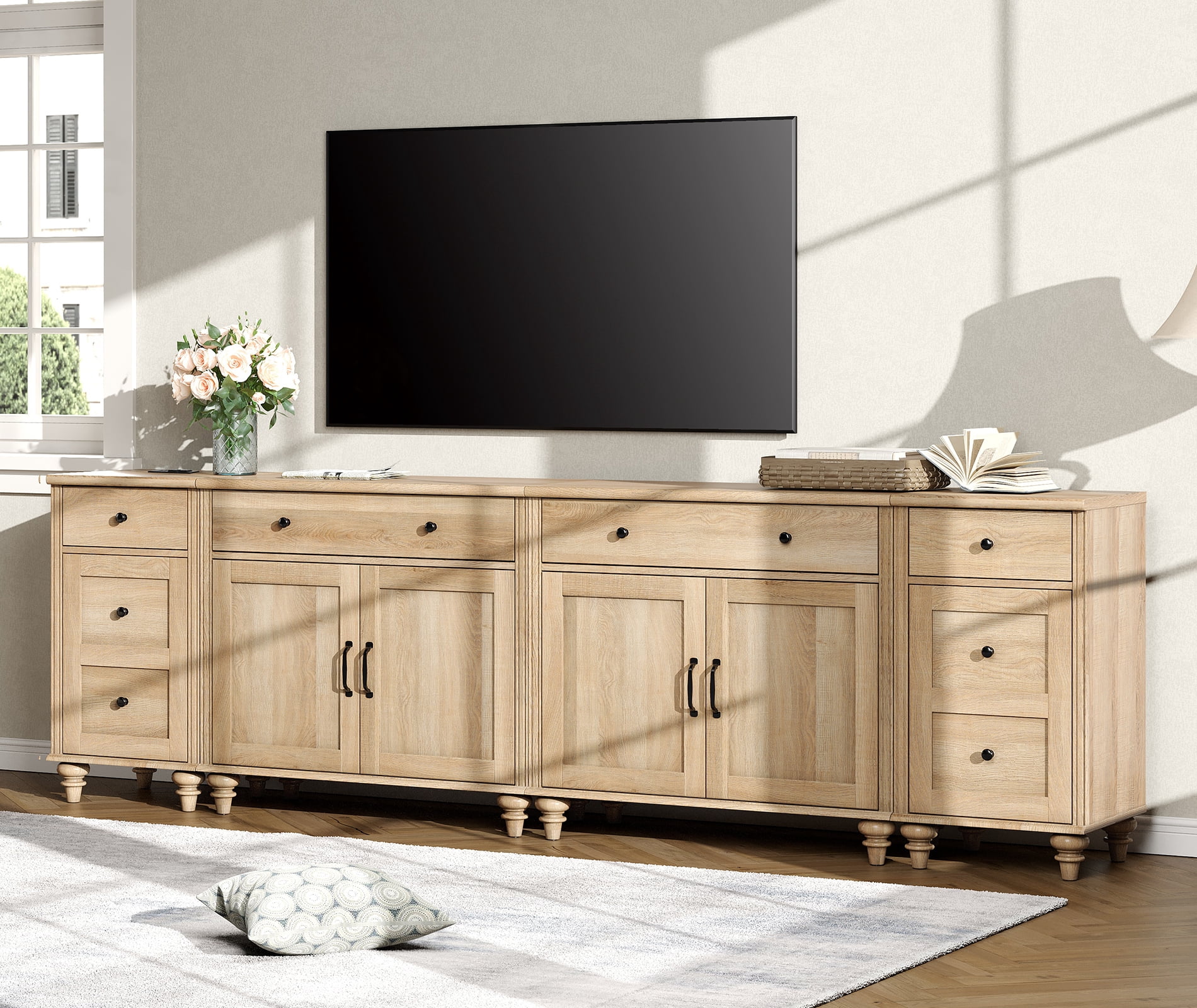 WAMPAT TV Stand for 100 Inch TV, 4-in-1 TV Console Table for 75/80/85/90 Inch TV, Farmhouse Entertainment Center with Charging Station, Kitchen Sideboard Buffet Cabinet for Dining Room, Oak