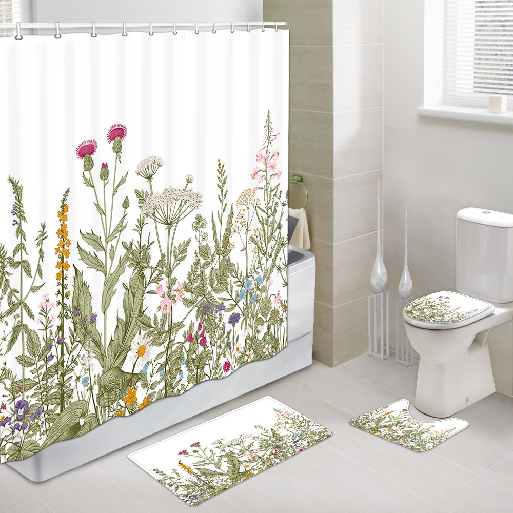 Marble Floral Shower Curtain and Bath Mat Set 69x70 Inch, Vintage