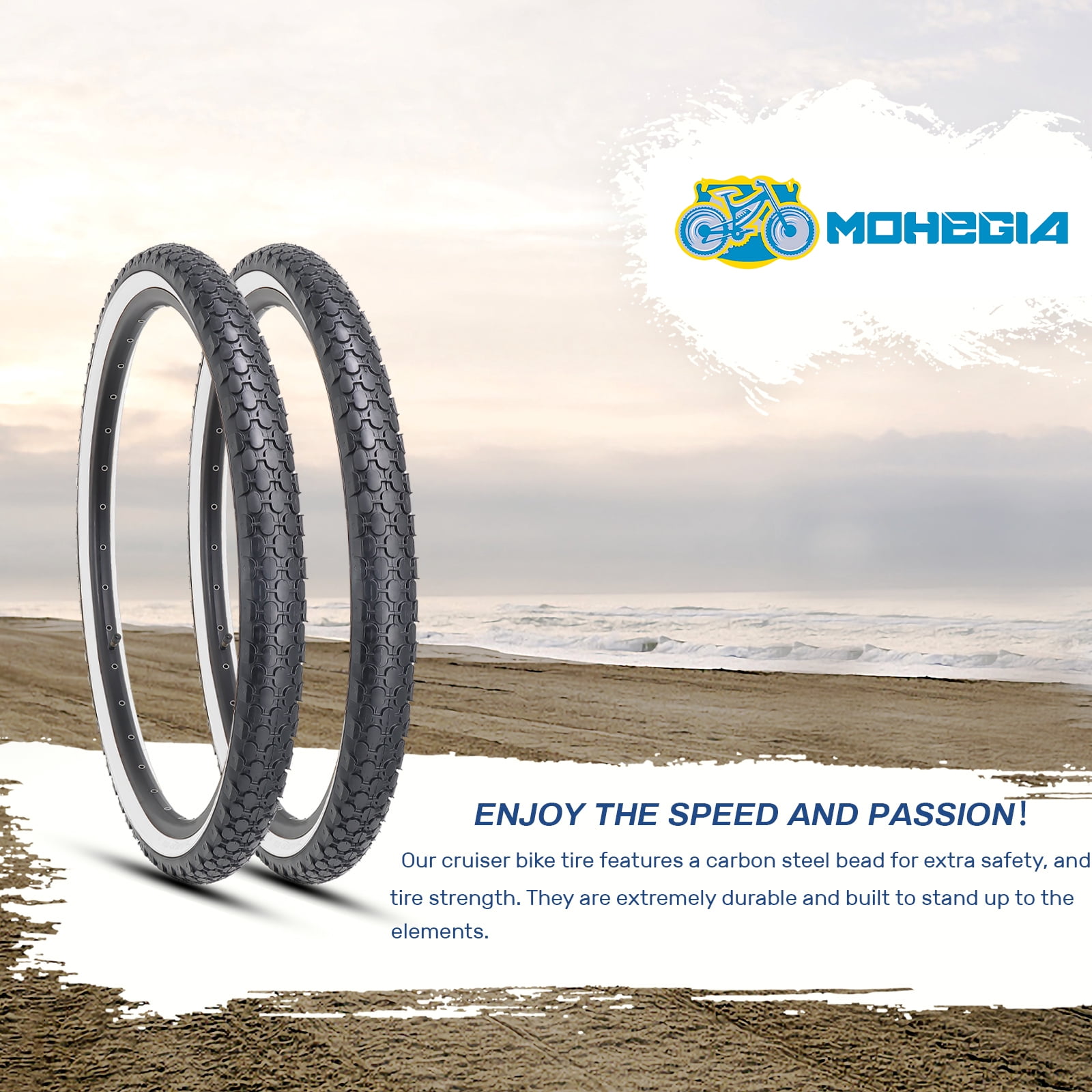 MOHEGIA 2 Pack Bike Tires 26"x 2.125" White Side Wall Folding Black Beach Cruiser Bicycle Replacement Tire