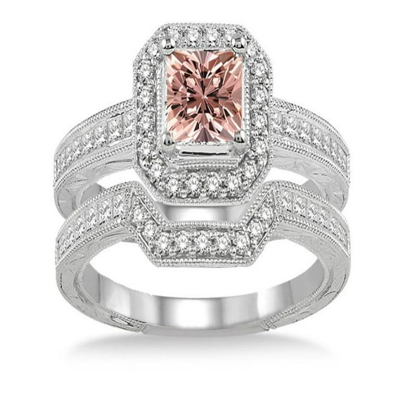 2 Carat Morganite & Diamond Antique Halo Bridal set on 10k White Gold