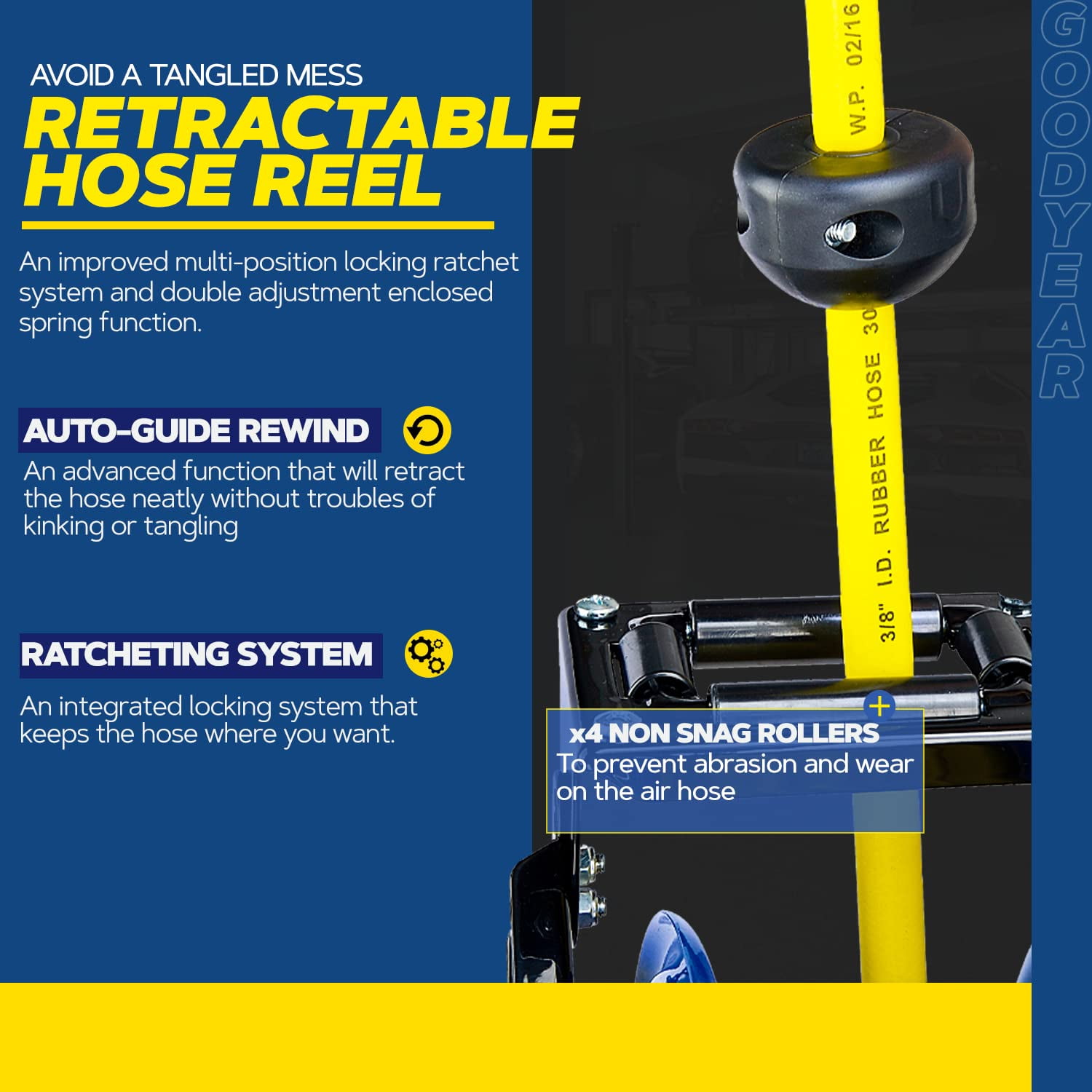 Goodyear Air Hose Reel Retractable 1/2 Inch x 50' Foot Long Premium  Commercial Driven Sbr Hose Max 300 Psi Reinforced Steel Construction Heavy  Duty Retractable Spring Industrial Dual Arm and Pedestal 