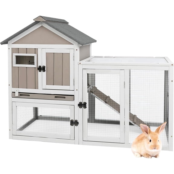 Petsblublu 47''L Rabbit Hutch Outdoor Wooden Indoor 2 Story Bunny House with Waterproof Roof