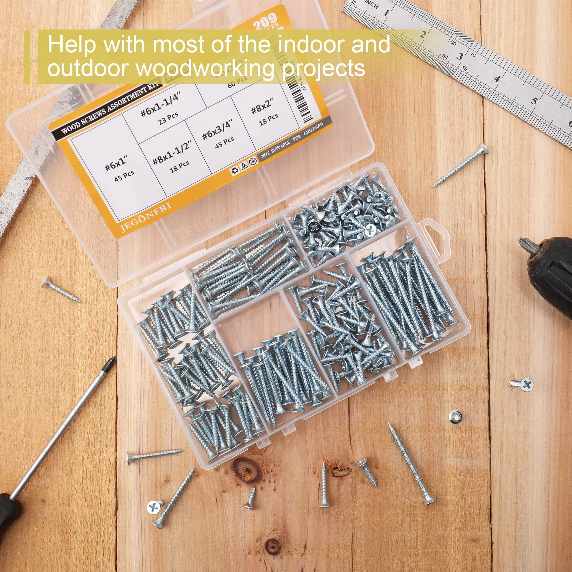 High Hardness Wood Screws Assortment Kit and Plastic Wall Anchors, 203 pcs 1/2" to 1-1/2" Phillips Drive Flat Head Screws & 30 pcs M6 Drywall Anchors