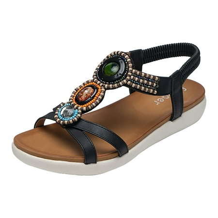 

Ladies Sandals Heel Thick Sole Color Flower Open Toe Bohemian Shoes Black 42