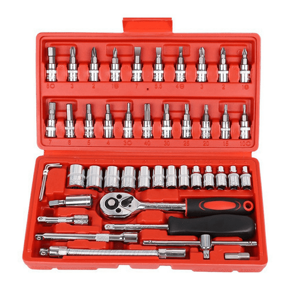 46 Piece/Set of Car Repair Tool Kit Socket Set Car Repair Tool Ratchet Torque Wrench Combo Auto Repairing Tool Set Red