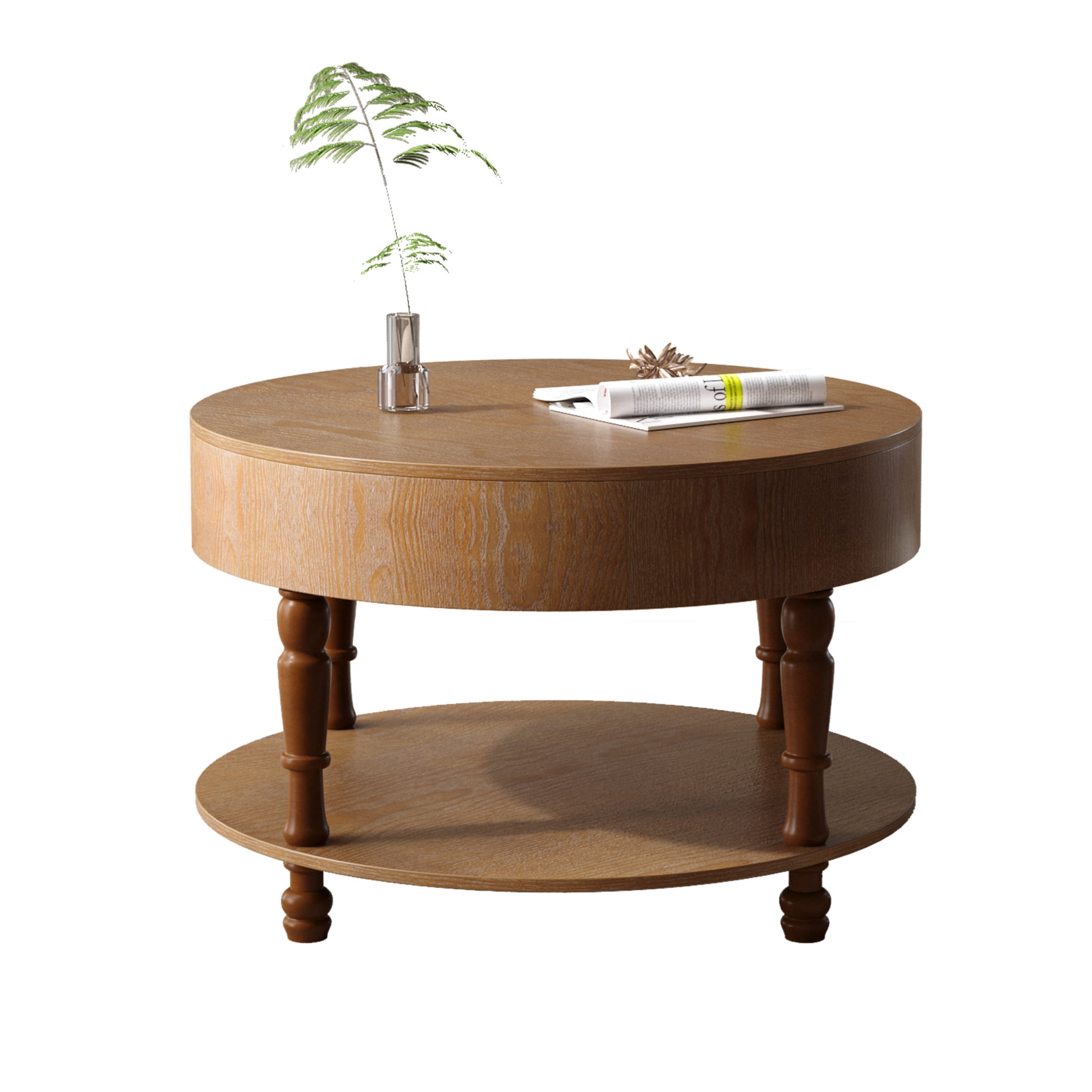 Noble House Coffee Table with Dual Storage for Living Room, 31.5" Modern Round Coffee Table with Storage and Hidden Compartment, Adjustable Leveling Feet, Walnut Brown